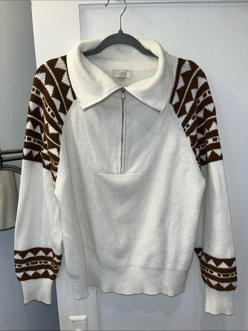 LOFT Cream Half-Zip Sweater with Brown Geometric Sleeves